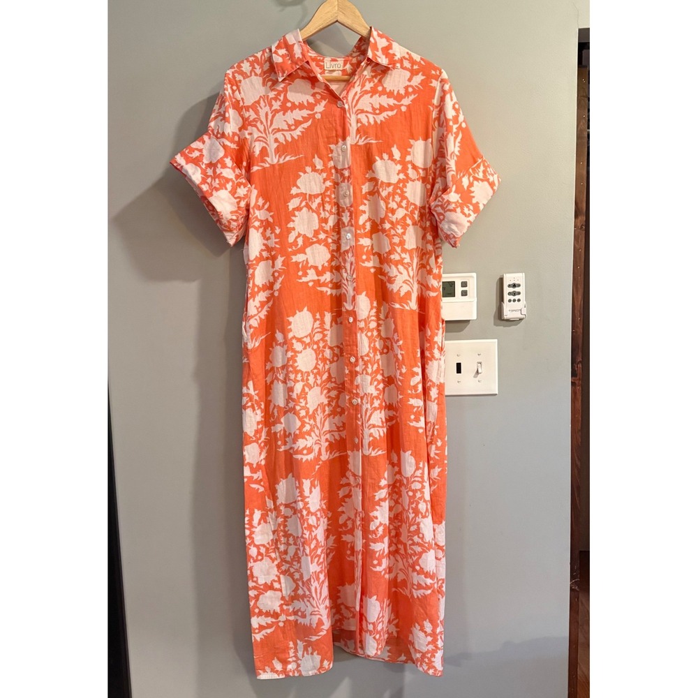 Livro Shirt Dress Womens Large Orange White Floral Cotton Midi Button Up Boho